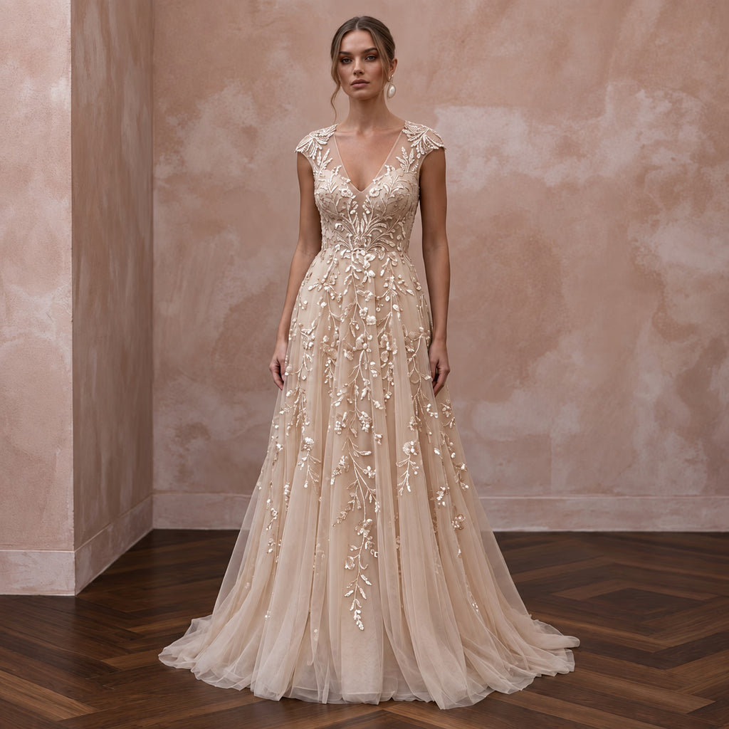 Soft Champagne Sequin Embroidered Tulle A-Line Gown