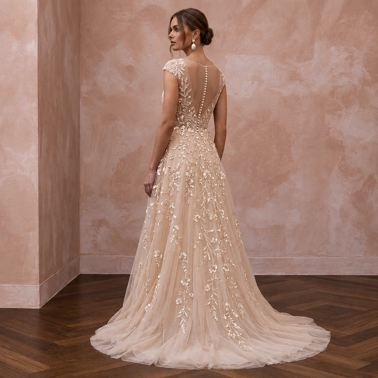 Soft Champagne Sequin Embroidered Tulle A-Line Gown Secondary image