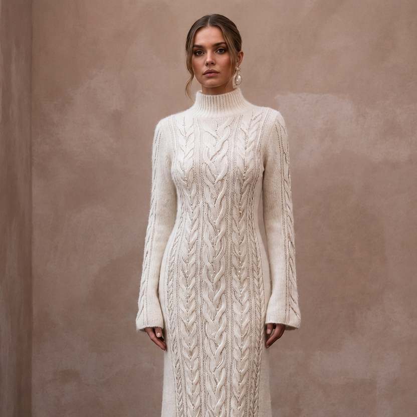 Soft Ivory Angora Blend Sweater Dress for Post-Wedding Cabin