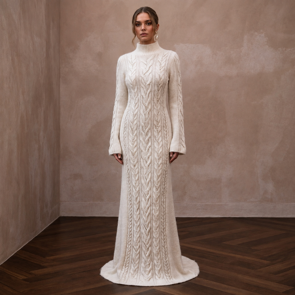 Soft Ivory Angora Blend Sweater Dress for Post-Wedding Cabin
