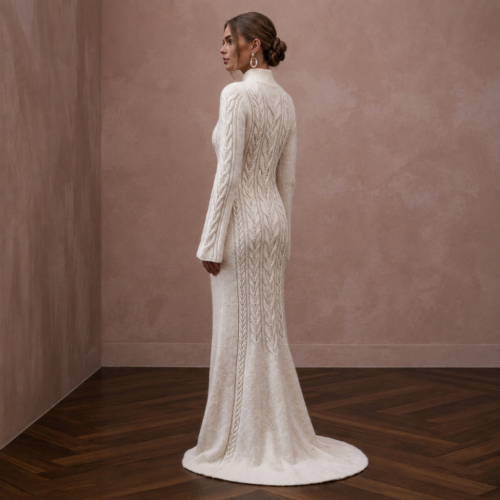 Soft Ivory Angora Blend Sweater Dress for Post-Wedding Cabin