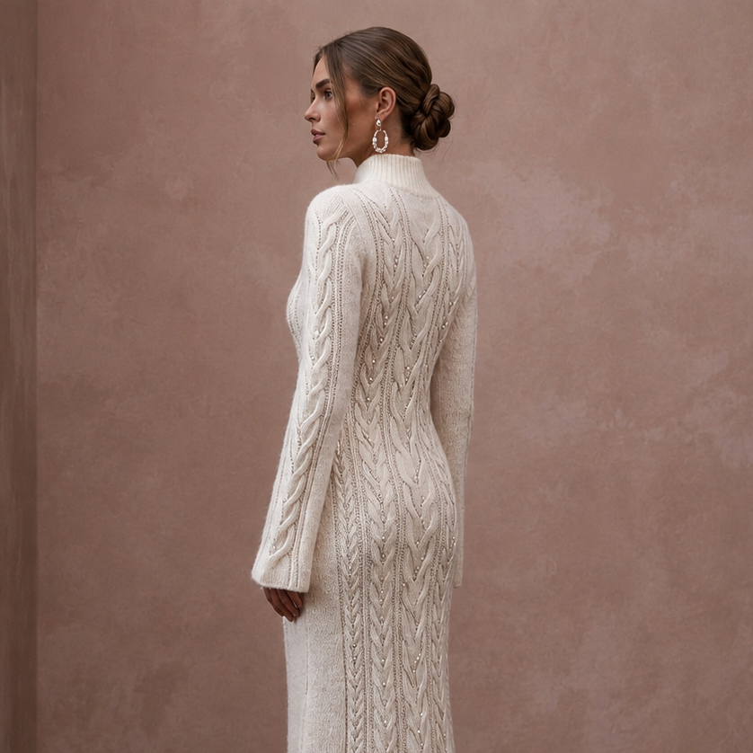 Soft Ivory Angora Blend Sweater Dress for Post-Wedding Cabin