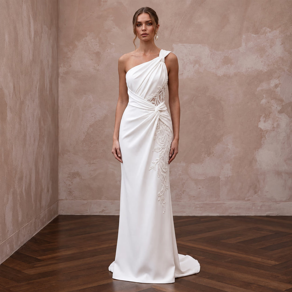 Soft Ivory Crepe Asymmetrical Draped Column Wedding Dress