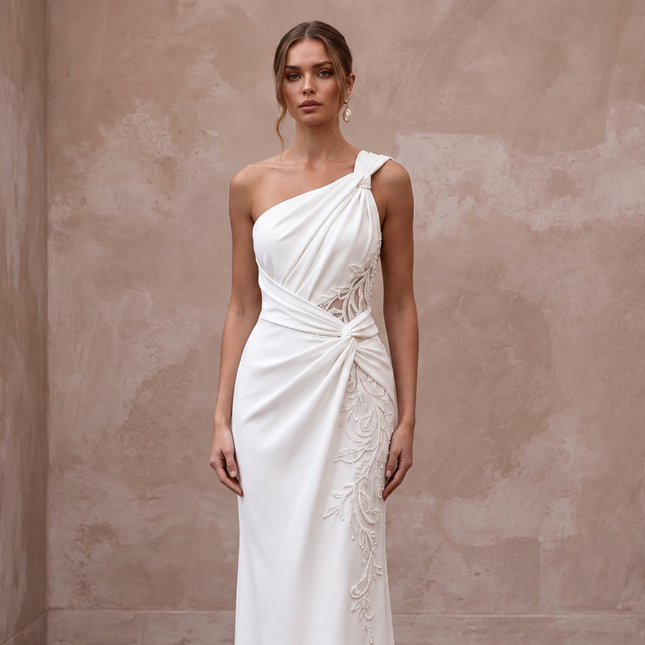 Soft Ivory Crepe Asymmetrical Draped Column Wedding Dress