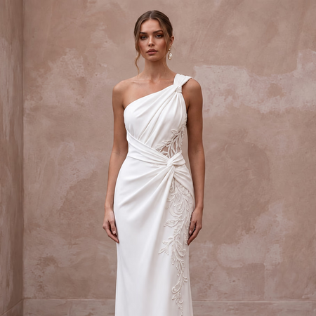 Soft Ivory Crepe Asymmetrical Draped Column Wedding Dress