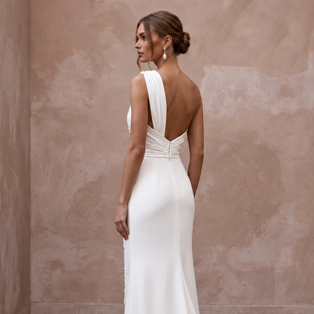 Soft Ivory Crepe Asymmetrical Draped Column Wedding Dress