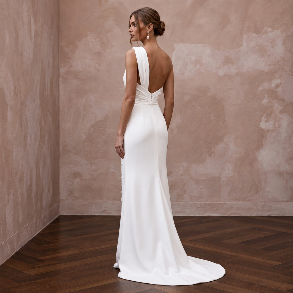Soft Ivory Crepe Asymmetrical Draped Column Wedding Dress
