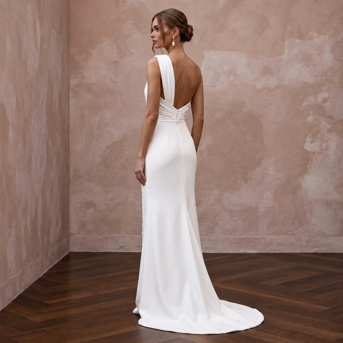 Soft Ivory Crepe Asymmetrical Draped Column Wedding Dress