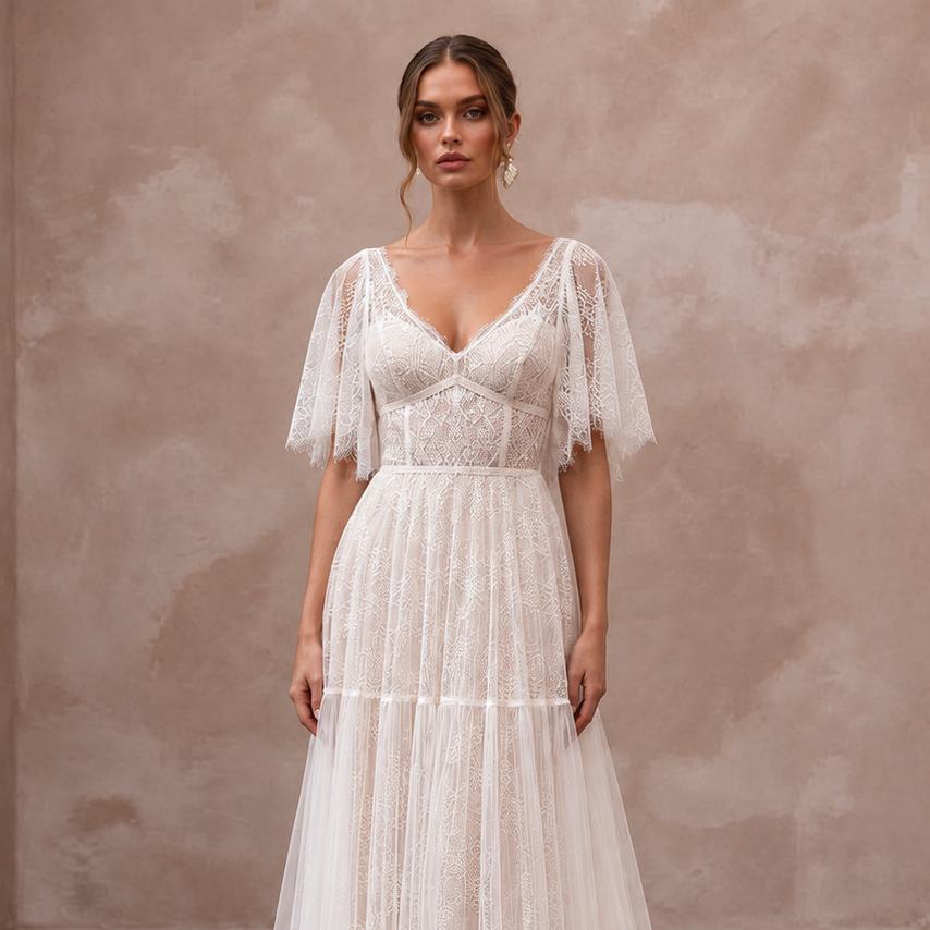 Soft Lace Bridal Gown with Flutter Sleeves