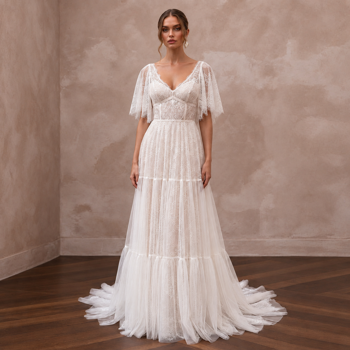 Soft Lace Bridal Gown with Flutter Sleeves