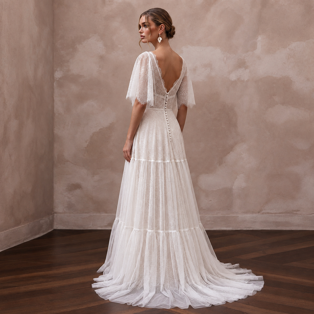 Soft Lace Bridal Gown with Flutter Sleeves