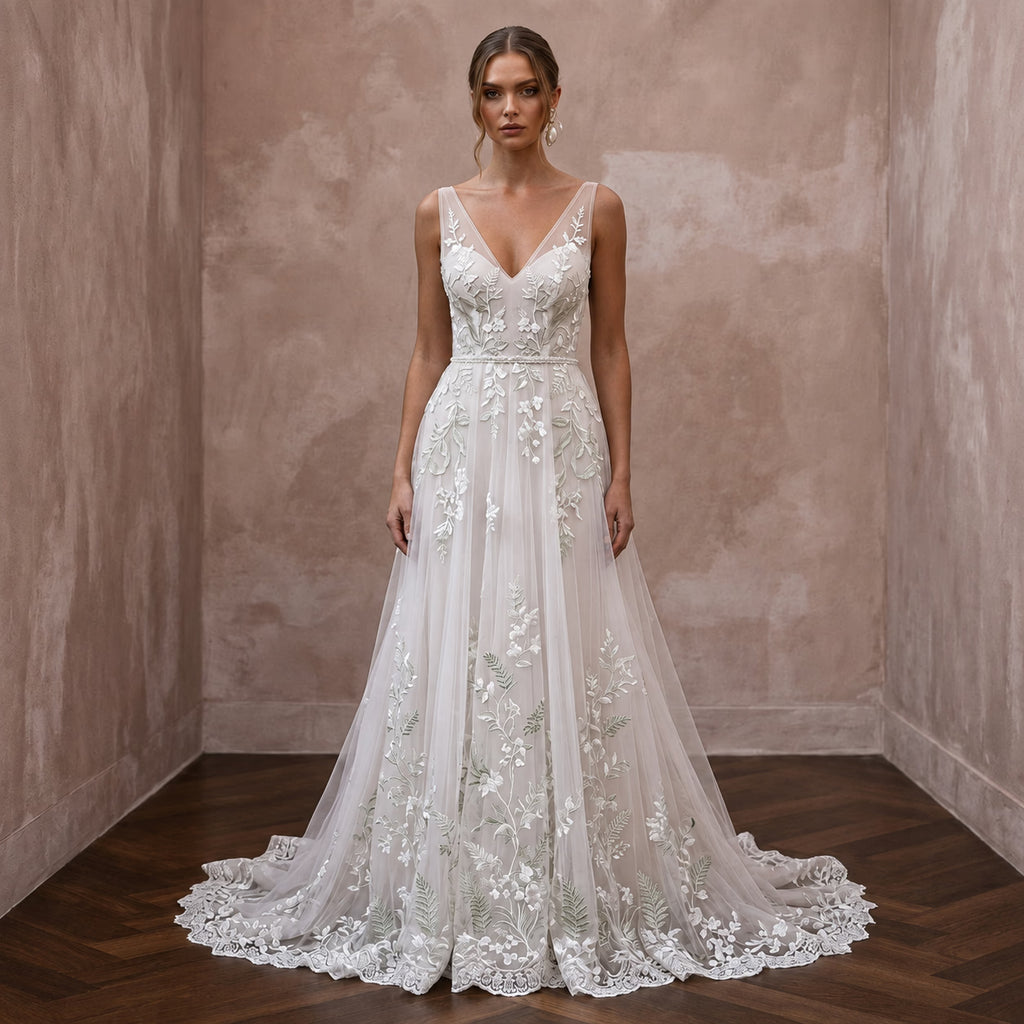 Soft Tulle Bridal Gown with Botanical Embroidery for a Garden Wedding