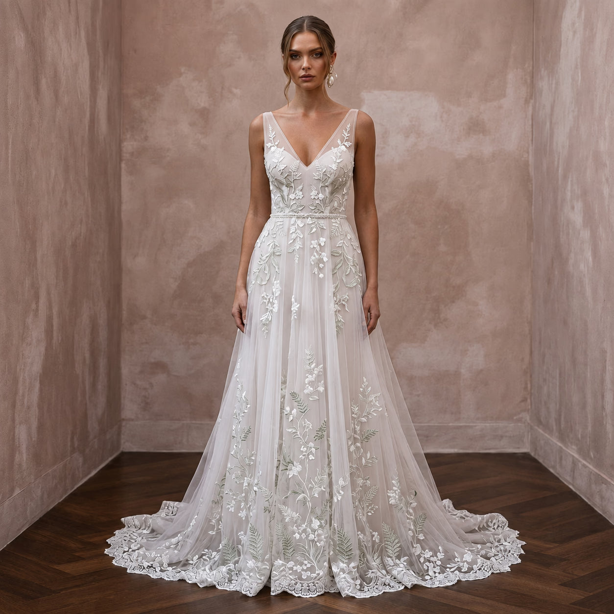 Soft Tulle Bridal Gown with Botanical Embroidery for a Garden Wedding