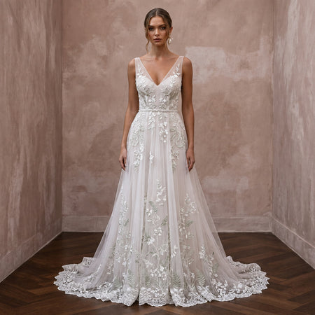 Soft Tulle Bridal Gown with Botanical Embroidery for a Garden Wedding