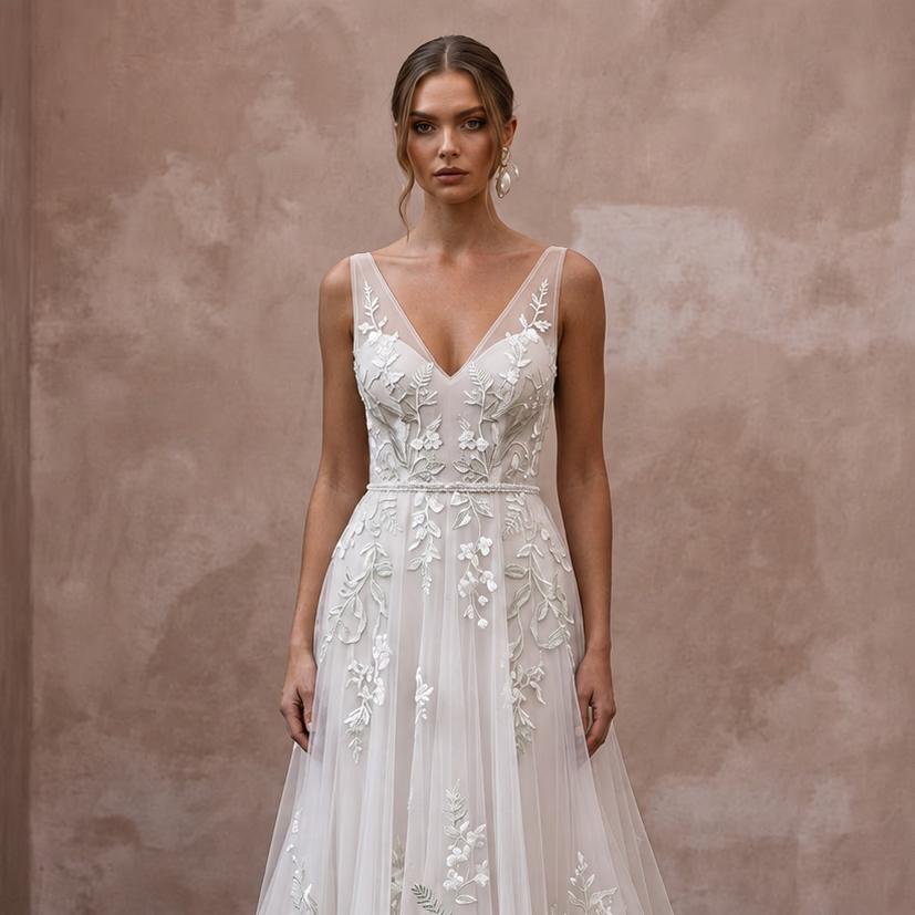 Soft Tulle Bridal Gown with Botanical Embroidery for a Garden Wedding