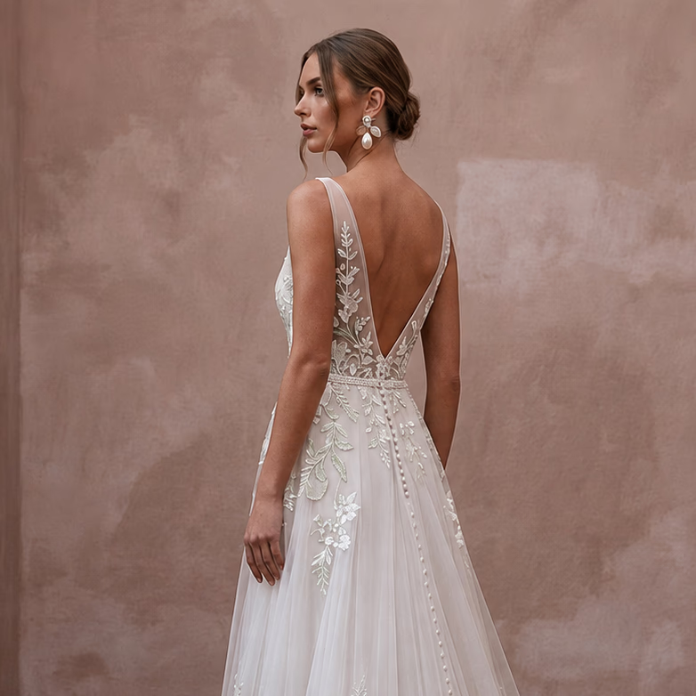 Soft Tulle Bridal Gown with Botanical Embroidery for a Garden Wedding