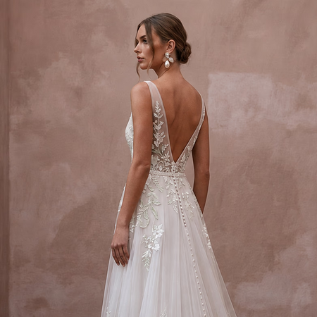 Soft Tulle Bridal Gown with Botanical Embroidery for a Garden Wedding