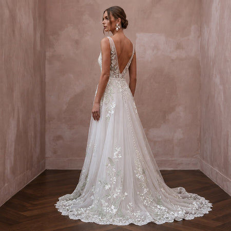 Soft Tulle Bridal Gown with Botanical Embroidery for a Garden Wedding