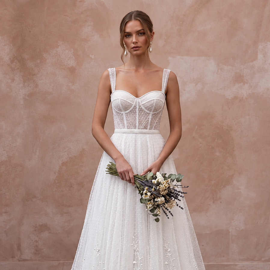 Soft White Dotted Swiss Tulle A-Line Dress for Backyard Reception