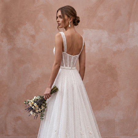 Soft White Dotted Swiss Tulle A-Line Dress for Backyard Reception