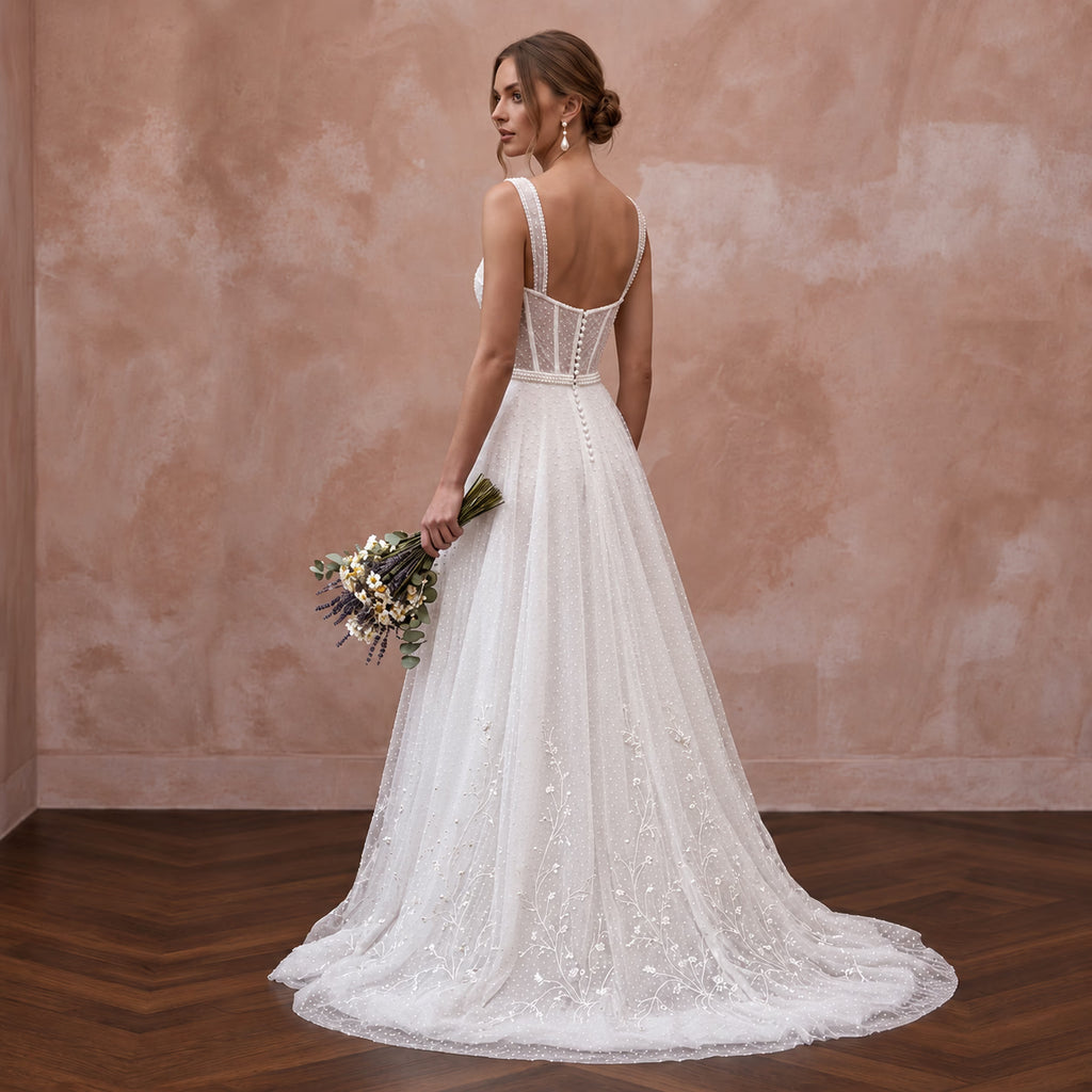 Soft White Dotted Swiss Tulle A-Line Dress for Backyard Reception
