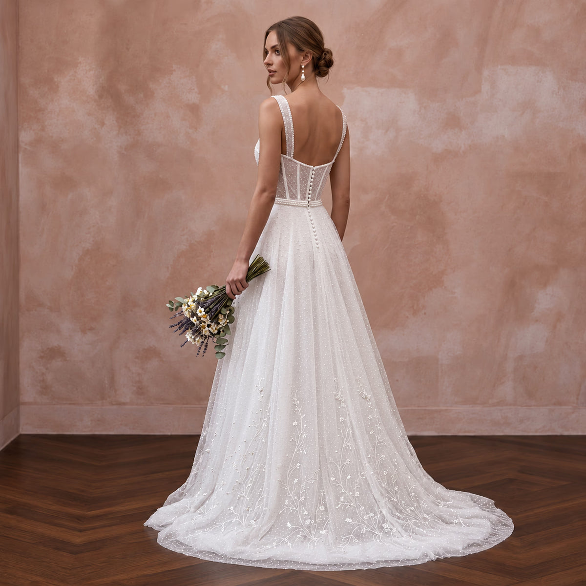 Soft White Dotted Swiss Tulle A-Line Dress for Backyard Reception