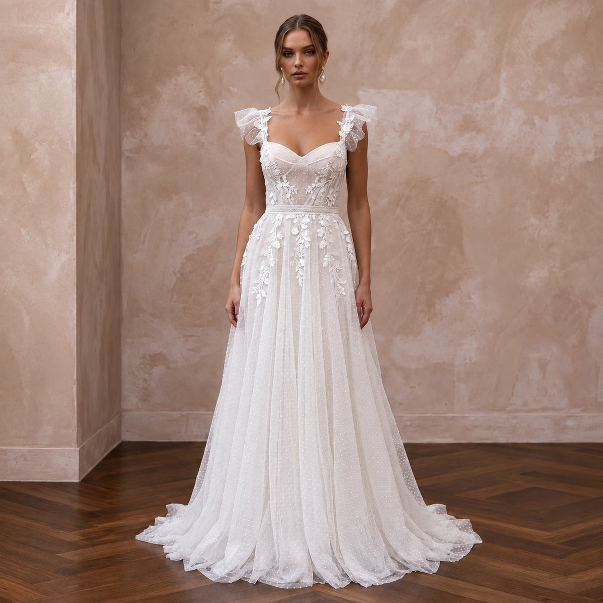 Soft White Dotted Swiss Tulle A - Line Dress for Backyard Wedding - Apparel & Accessories > Clothing > Wedding & Bridal Party Dresses > Wedding Dresses - Mignonette Bridal Main image