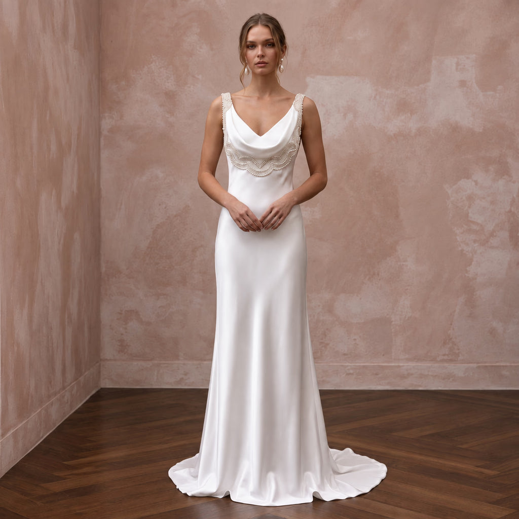 Soft White Draped Liquid Satin Cowl Neck Backless Bridal Gown - Apparel & Accessories > Clothing > Wedding & Bridal Party Dresses > Wedding Dresses - Mignonette Bridal