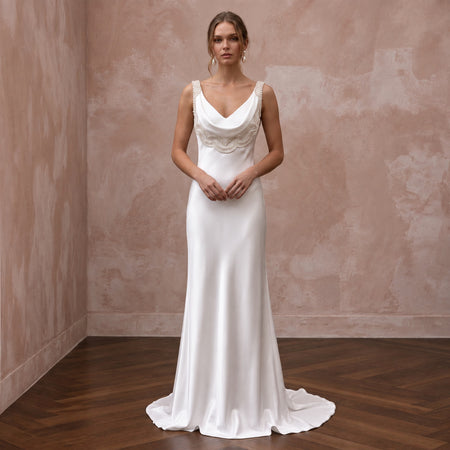 Soft White Draped Liquid Satin Cowl Neck Backless Bridal Gown - Apparel & Accessories > Clothing > Wedding & Bridal Party Dresses > Wedding Dresses - Mignonette Bridal