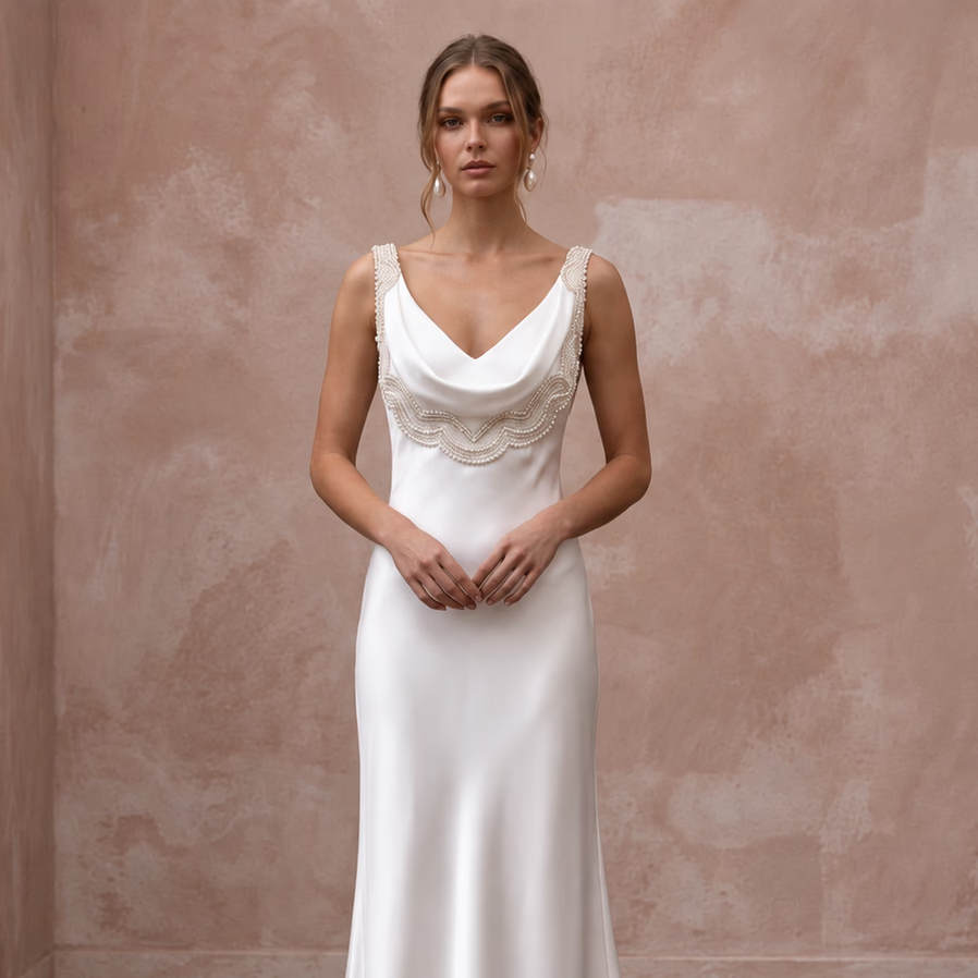 Soft White Draped Liquid Satin Cowl Neck Backless Bridal Gown - Apparel & Accessories > Clothing > Wedding & Bridal Party Dresses > Wedding Dresses - Mignonette Bridal