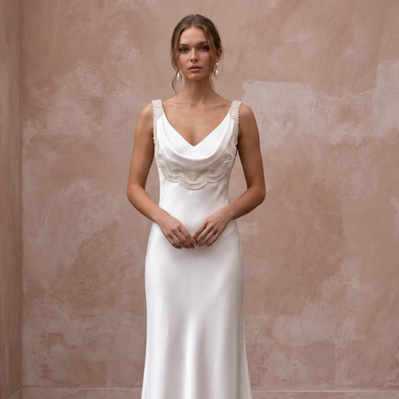 Soft White Draped Liquid Satin Cowl Neck Backless Bridal Gown - Apparel & Accessories > Clothing > Wedding & Bridal Party Dresses > Wedding Dresses - Mignonette Bridal