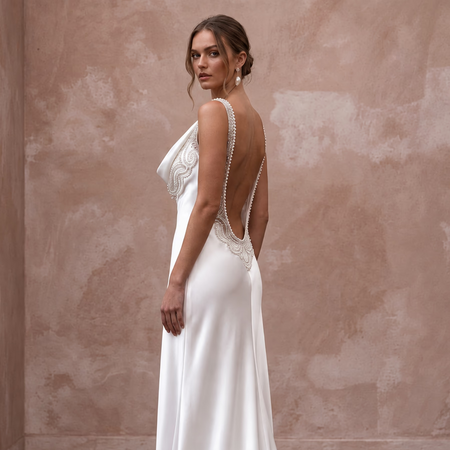 Soft White Draped Liquid Satin Cowl Neck Backless Bridal Gown - Apparel & Accessories > Clothing > Wedding & Bridal Party Dresses > Wedding Dresses - Mignonette Bridal