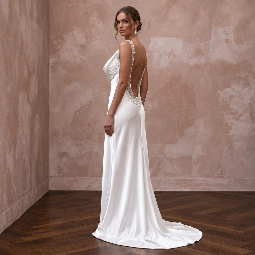 Soft White Draped Liquid Satin Cowl Neck Backless Bridal Gown - Apparel & Accessories > Clothing > Wedding & Bridal Party Dresses > Wedding Dresses - Mignonette Bridal