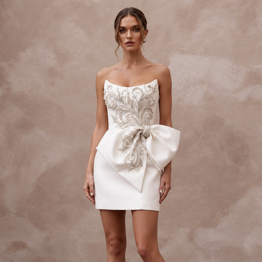 Soft White Faille Architectural Oversized Bow Mini Dress