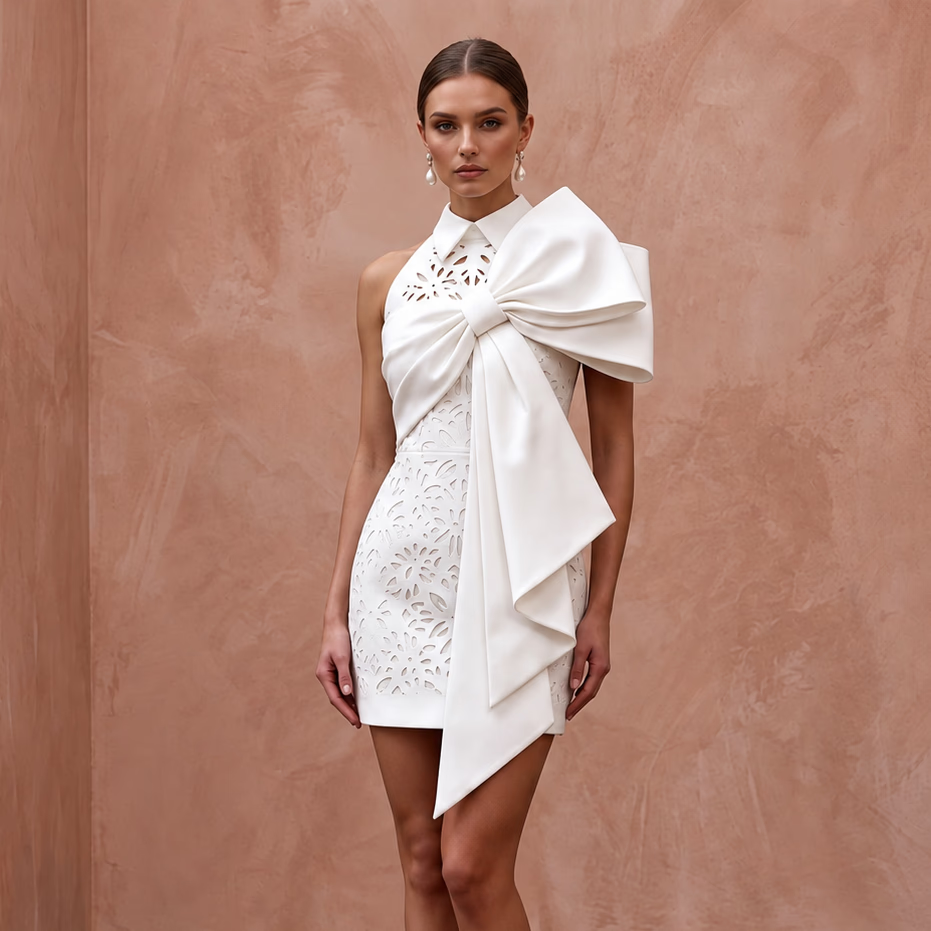 Soft White Faille Architectural Oversized Bow Mini Dress