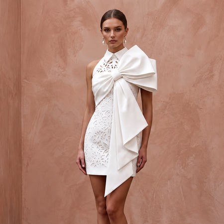 Soft White Faille Architectural Oversized Bow Mini Dress