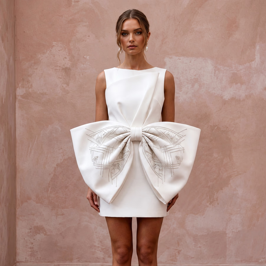 Soft white faille mini dress featuring an oversized architectural bow accent with elegant detailing.