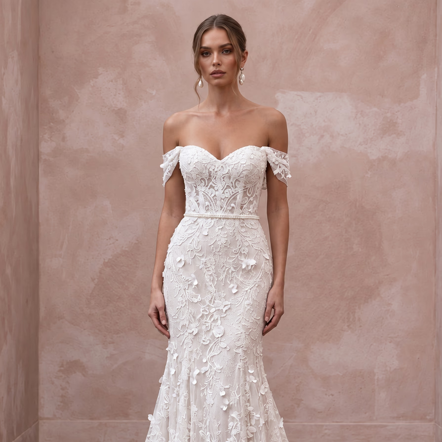 Soft White French Lace Off-the-Shoulder Fit-and-Flare Dress for Garden Vows