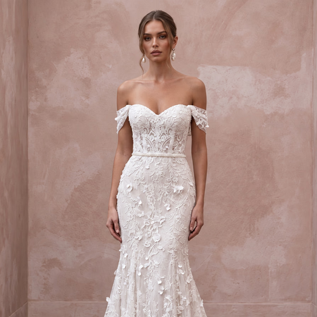 Soft White French Lace Off-the-Shoulder Fit-and-Flare Dress for Garden Vows