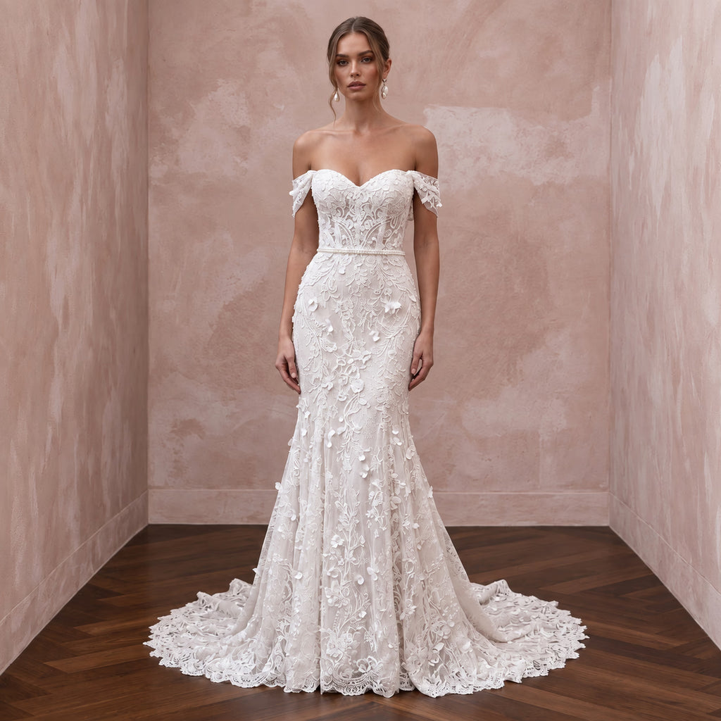 Soft White French Lace Off-the-Shoulder Fit-and-Flare Dress for Garden Vows