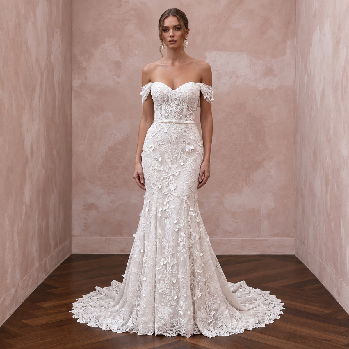 Soft White French Lace Off-the-Shoulder Fit-and-Flare Dress for Garden Vows