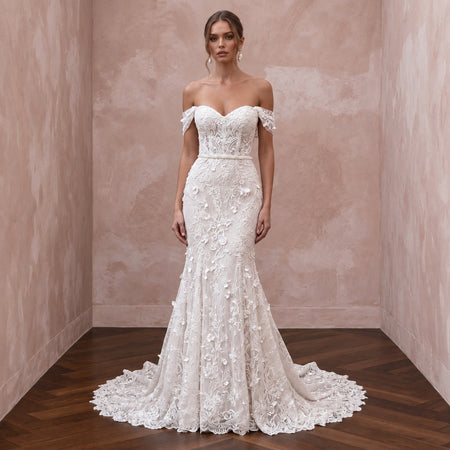Soft White French Lace Off-the-Shoulder Fit-and-Flare Dress for Garden Vows