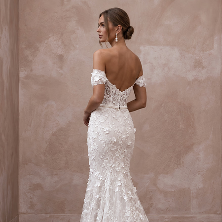 Soft White French Lace Off-the-Shoulder Fit-and-Flare Dress for Garden Vows