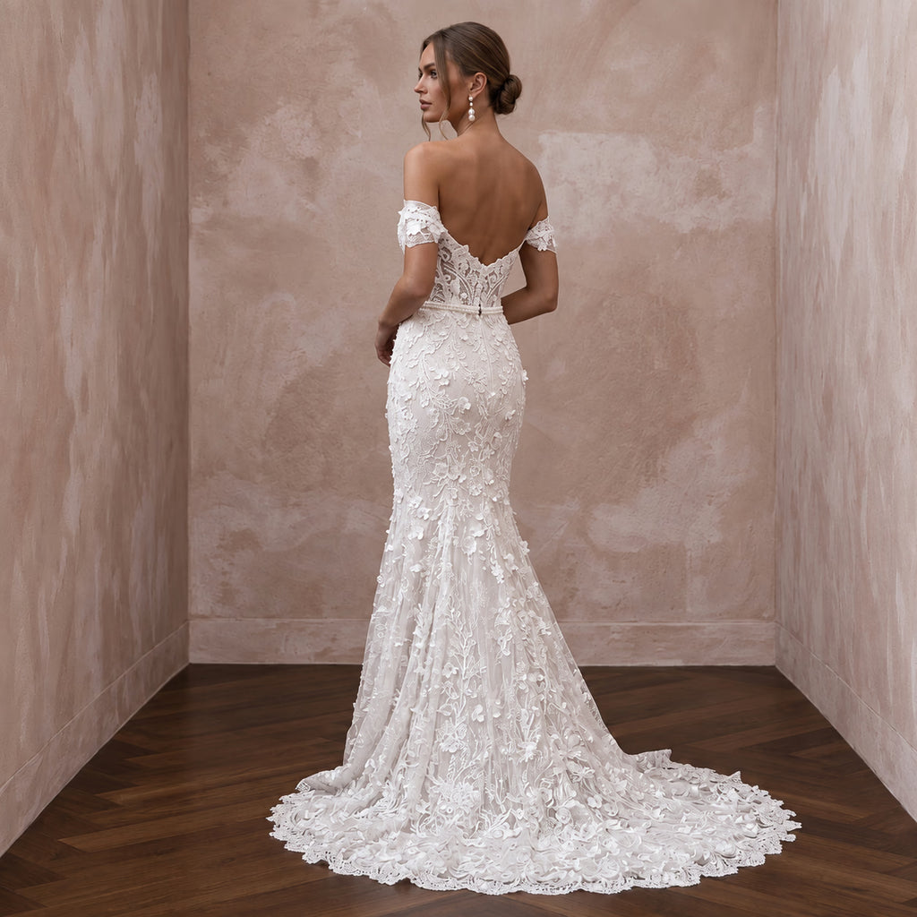 Soft White French Lace Off-the-Shoulder Fit-and-Flare Dress for Garden Vows