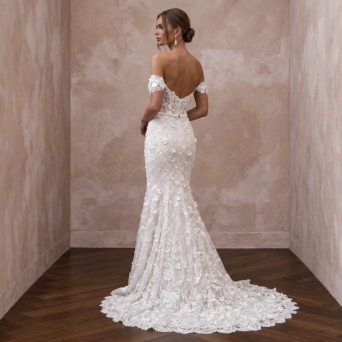 Soft White French Lace Off-the-Shoulder Fit-and-Flare Dress for Garden Vows