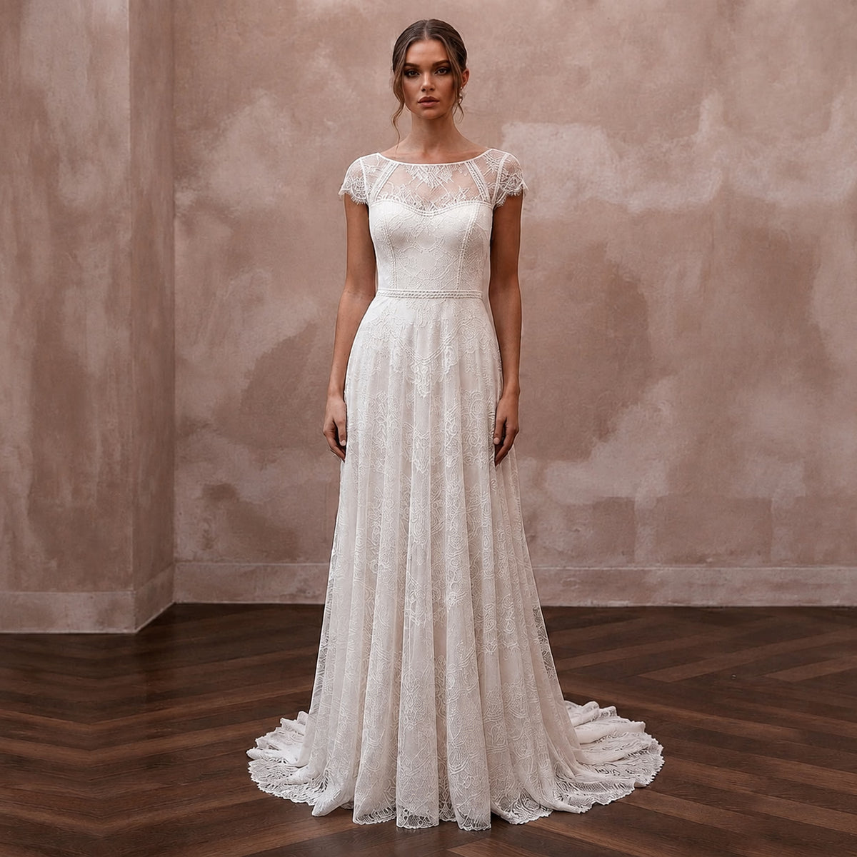 Soft White Jersey Lace A - Line Bridal Dress for Post - Elopement Celebration - Apparel & Accessories > Clothing > Wedding & Bridal Party Dresses > Wedding Dresses - Mignonette Bridal
