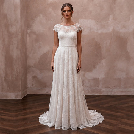 Soft White Jersey Lace A - Line Bridal Dress for Post - Elopement Celebration - Apparel & Accessories > Clothing > Wedding & Bridal Party Dresses > Wedding Dresses - Mignonette Bridal