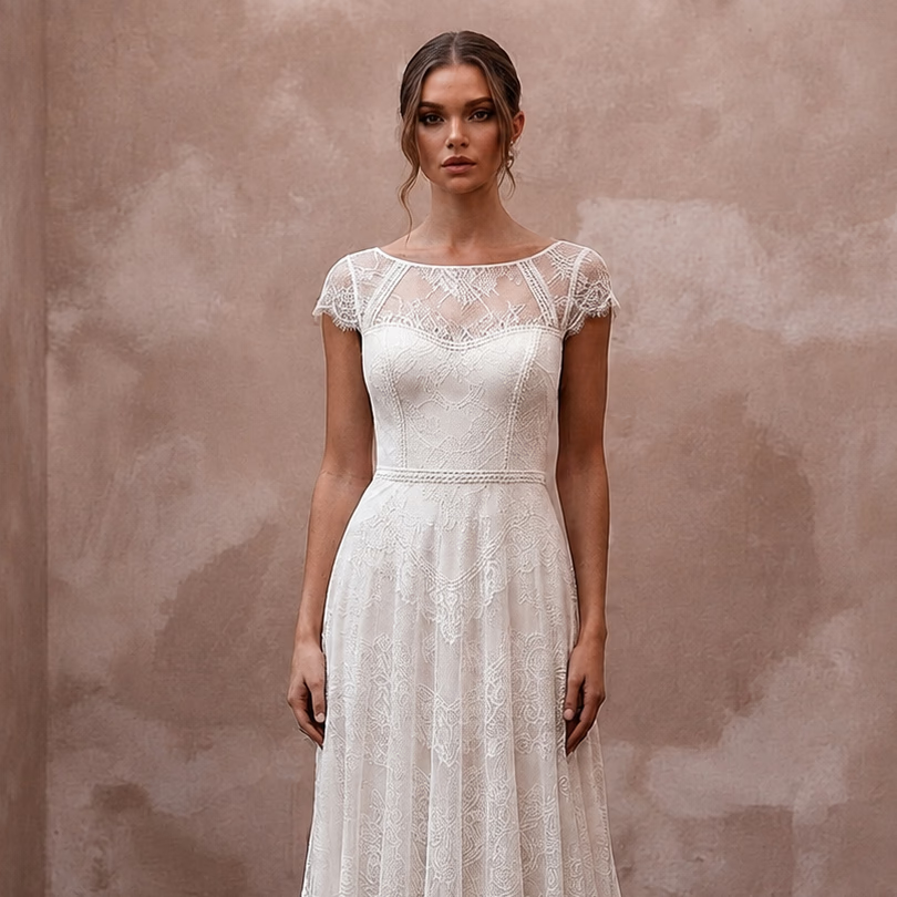 Soft White Jersey Lace A - Line Bridal Dress for Post - Elopement Celebration - Apparel & Accessories > Clothing > Wedding & Bridal Party Dresses > Wedding Dresses - Mignonette Bridal