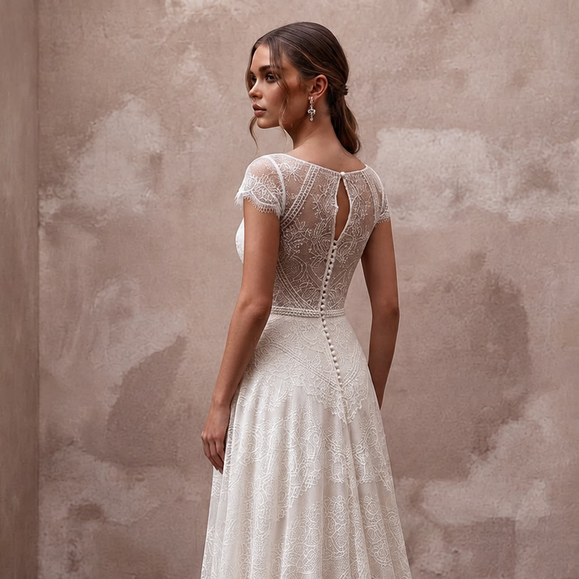 Soft White Jersey Lace A - Line Bridal Dress for Post - Elopement Celebration - Apparel & Accessories > Clothing > Wedding & Bridal Party Dresses > Wedding Dresses - Mignonette Bridal