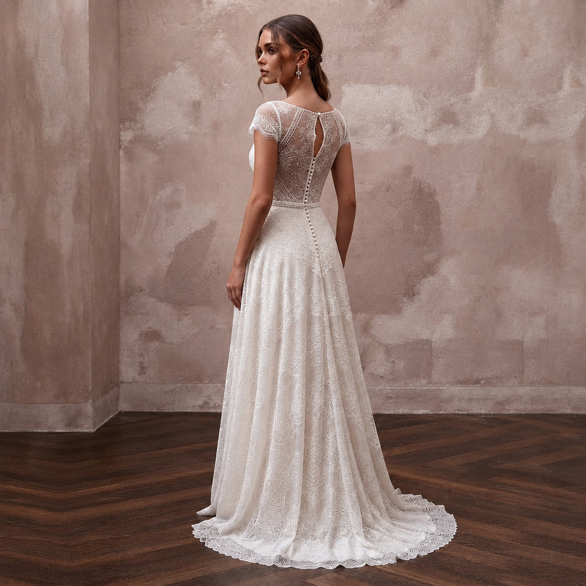 Soft White Jersey Lace A - Line Bridal Dress for Post - Elopement Celebration - Apparel & Accessories > Clothing > Wedding & Bridal Party Dresses > Wedding Dresses - Mignonette Bridal